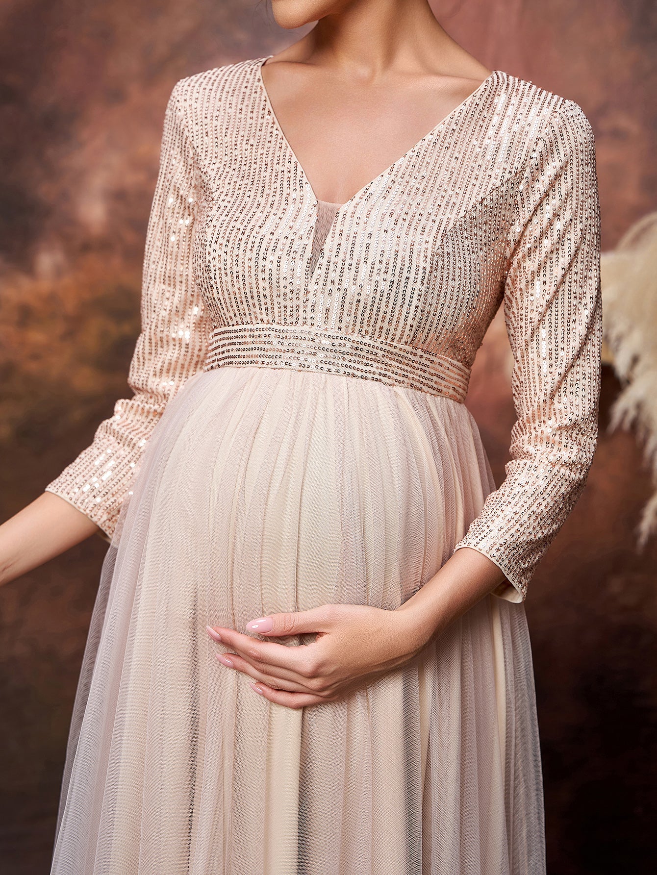 Maternity Plunging Neck 3/4 Sleeves Sequin Formal Party Dress