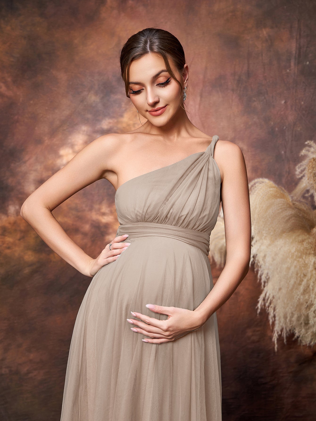 Maternity Solid One Shoulder Sleeveless Mesh Party Dress