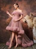 Maternity Off Shoulder High Low Hem Ruffle Trim Tulle Photography Dress