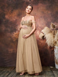 Maternity Off Shoulder Sequin Bodice Contrast Mesh Hem Formal Dress