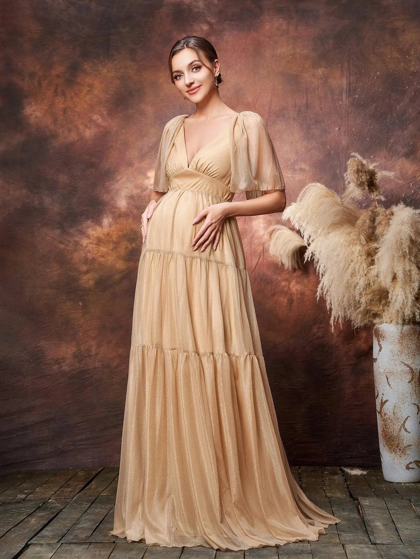 Maternity Plunging Neck Butterfly Sleeve Ruffle Hem Dress - Elonnashop