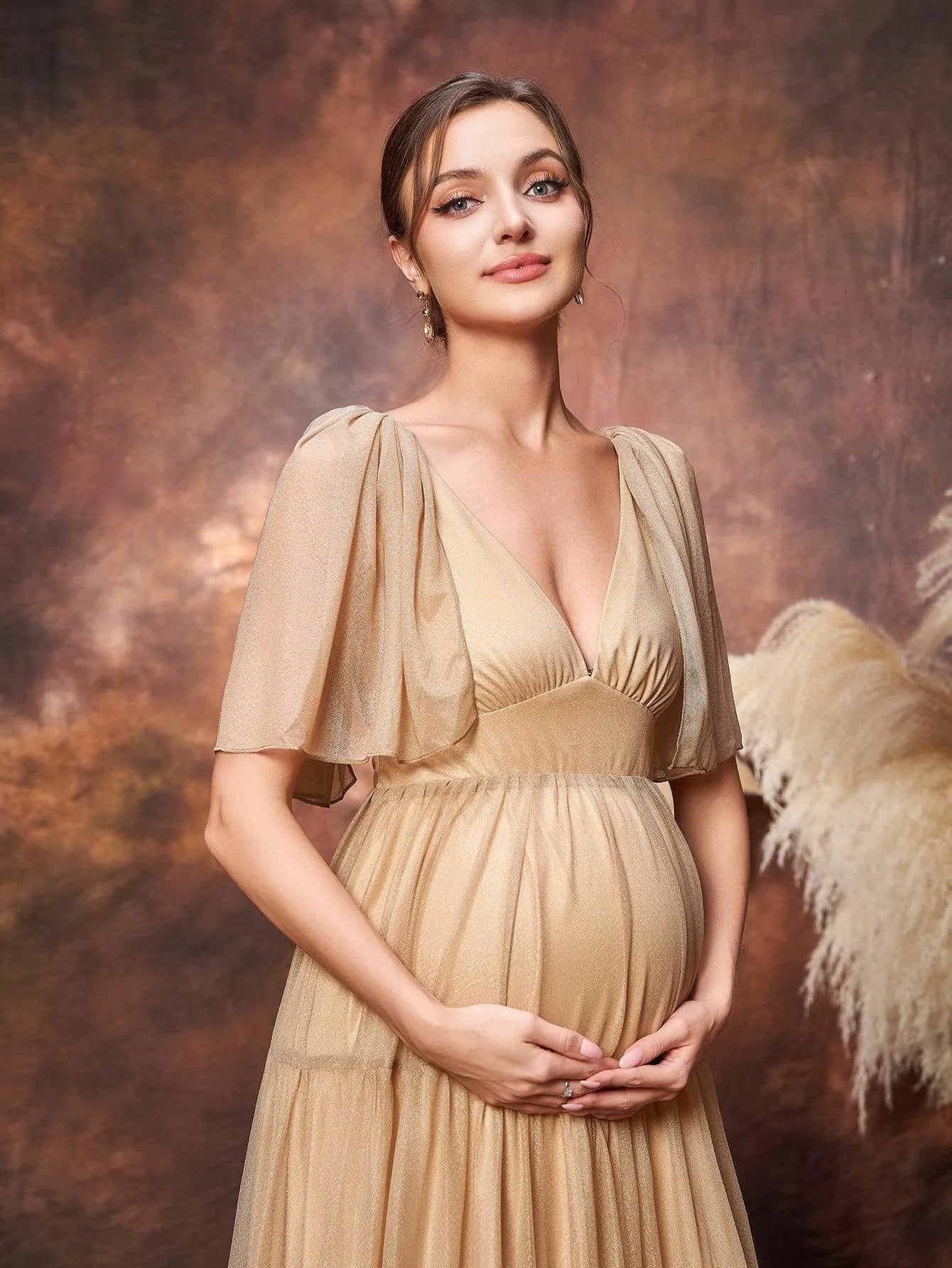 Maternity Plunging Neck Butterfly Sleeve Ruffle Hem Dress - Elonnashop