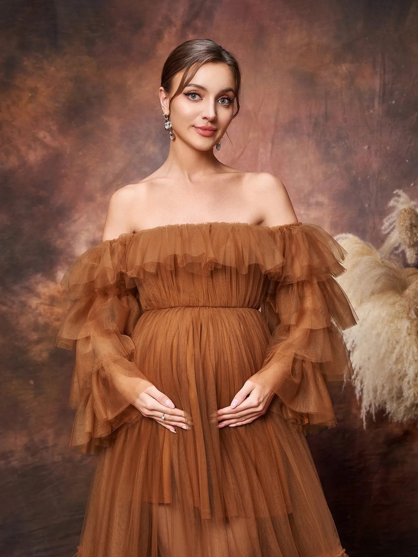 Maternity Ruffle Trim Off Shoulder Mesh Overlay Photography Dress