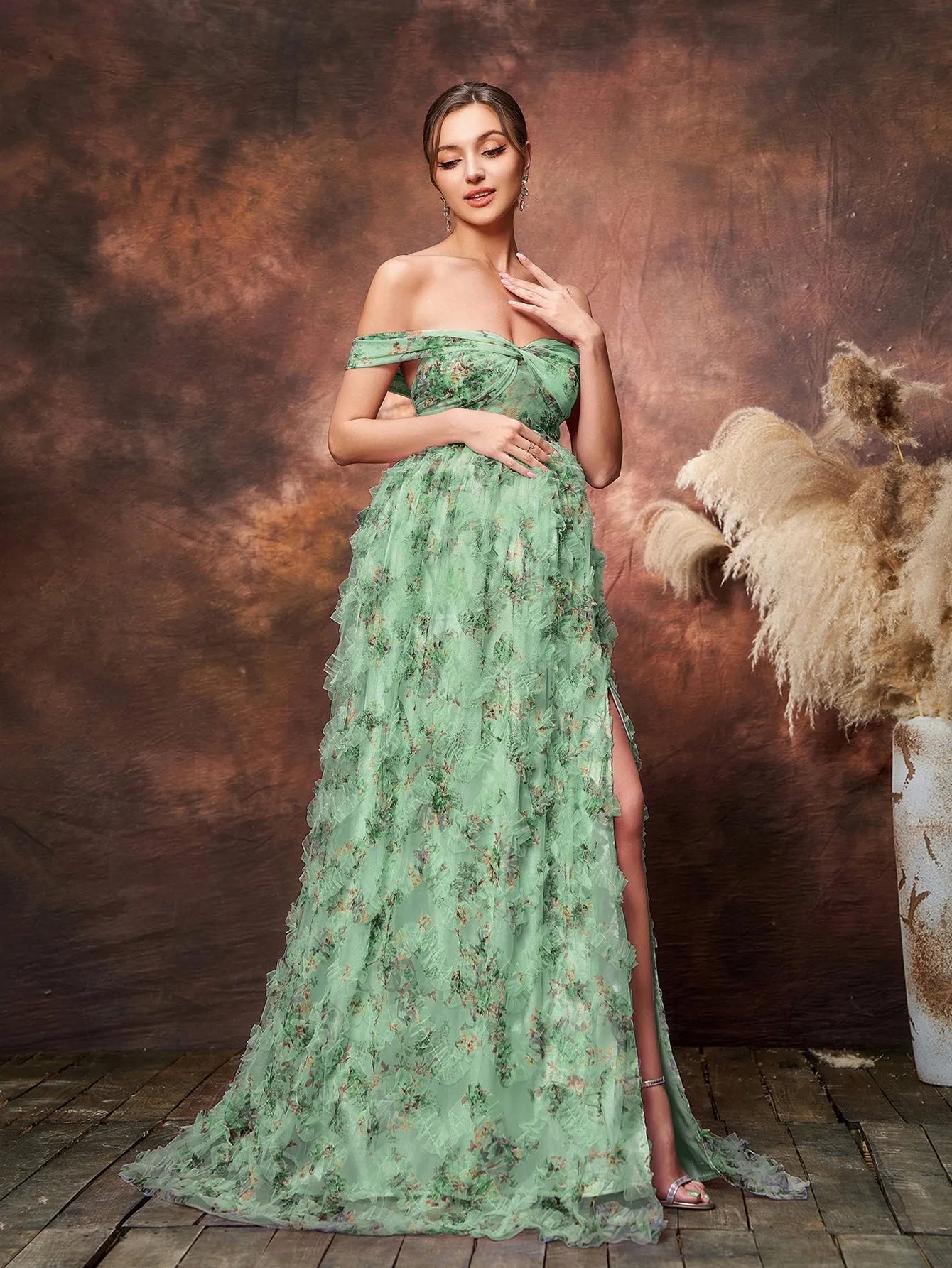 Maternity Off Shoulder Ruffle Trim Split Floral Mesh Party Dress Green / S Maternity Off Shoulder Ruffle Trim Split Floral Mesh Party Dress Green / S