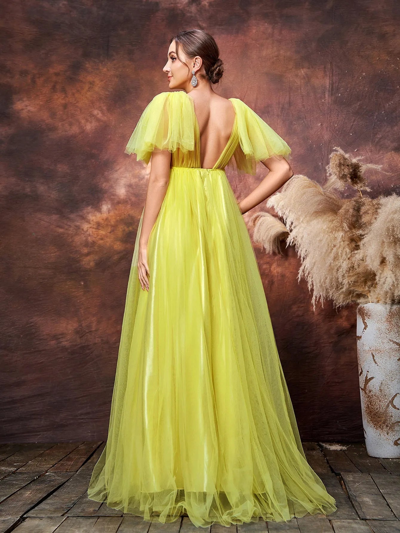 Maternity Plunging Neck Backless Split Thigh Tulle Party Dress Elonnashop Maternity Plunging Neck Backless Split Thigh Tulle Party Dress Elonnashop