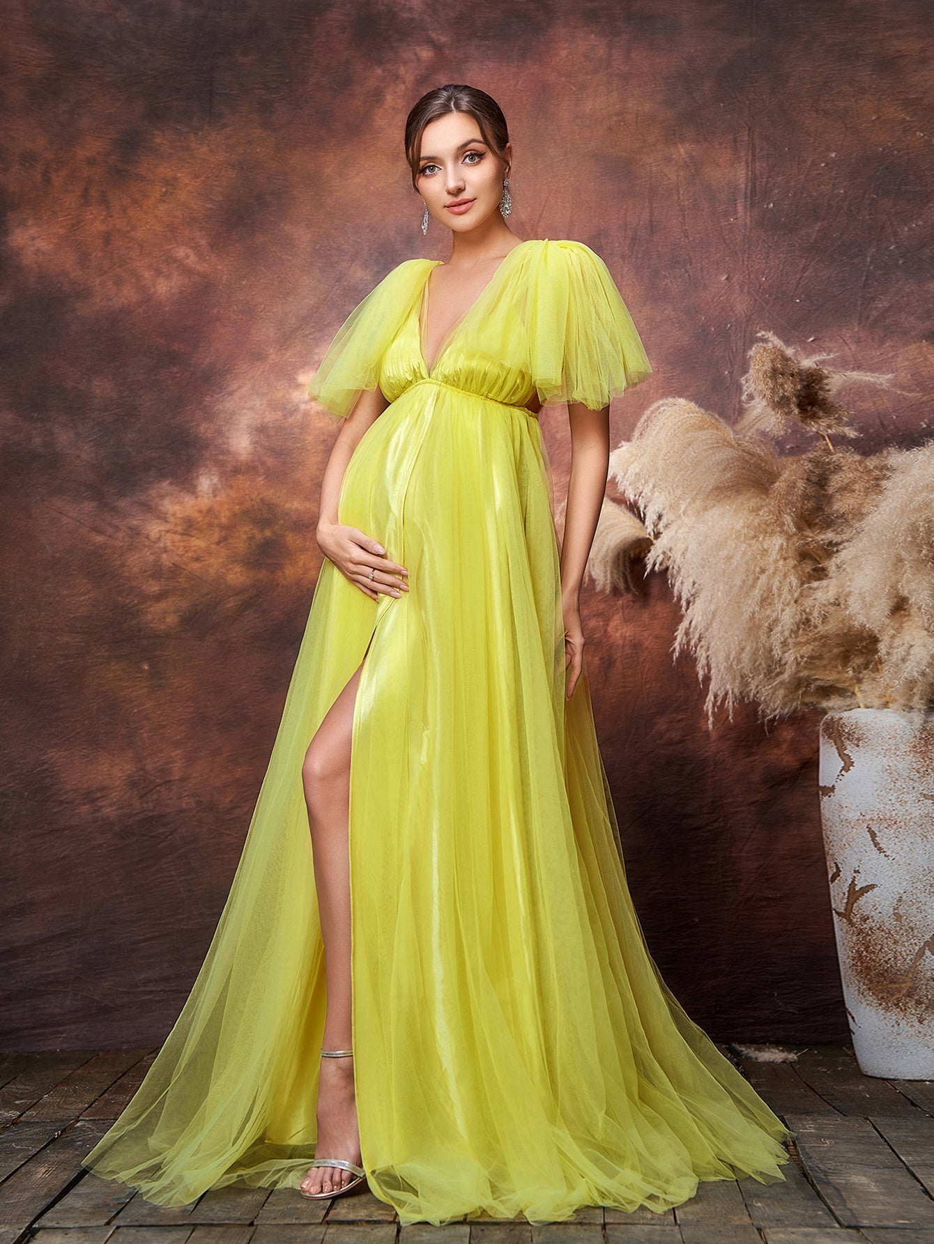 Maternity Plunging Neck Backless Split Thigh Tulle Party Dress