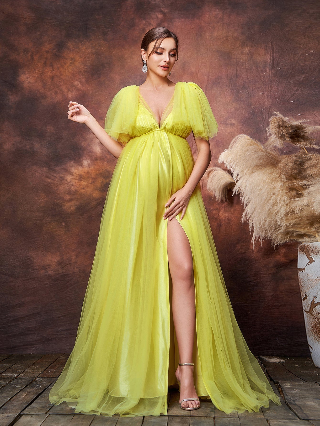 Maternity Plunging Neck Backless Split Thigh Tulle Party Dress