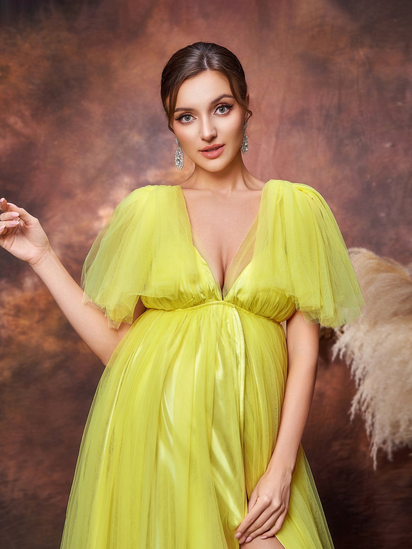 Maternity Plunging Neck Backless Split Thigh Tulle Party Dress