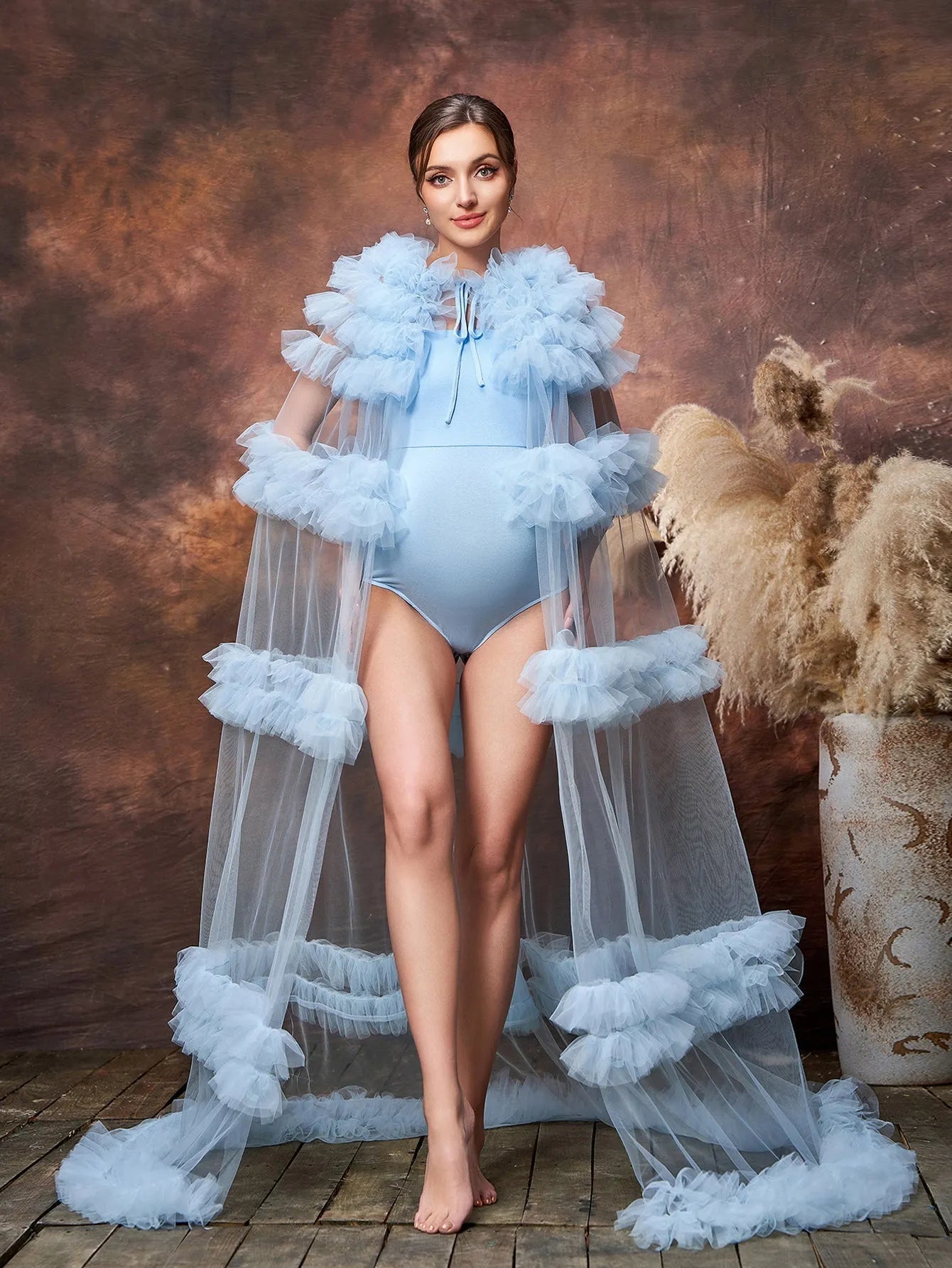 Maternity Cami Romper & Tiered Ruffle Tulle Robe Two Piece Photography Set