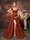 Maternity Sweetheart Neck Cap Sleeves Mesh Overlay Lace Romper Photography Dress