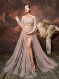 Maternity Off Shoulder Lcae Top &  Mesh Overlay Lace Skirt Two Piece Set