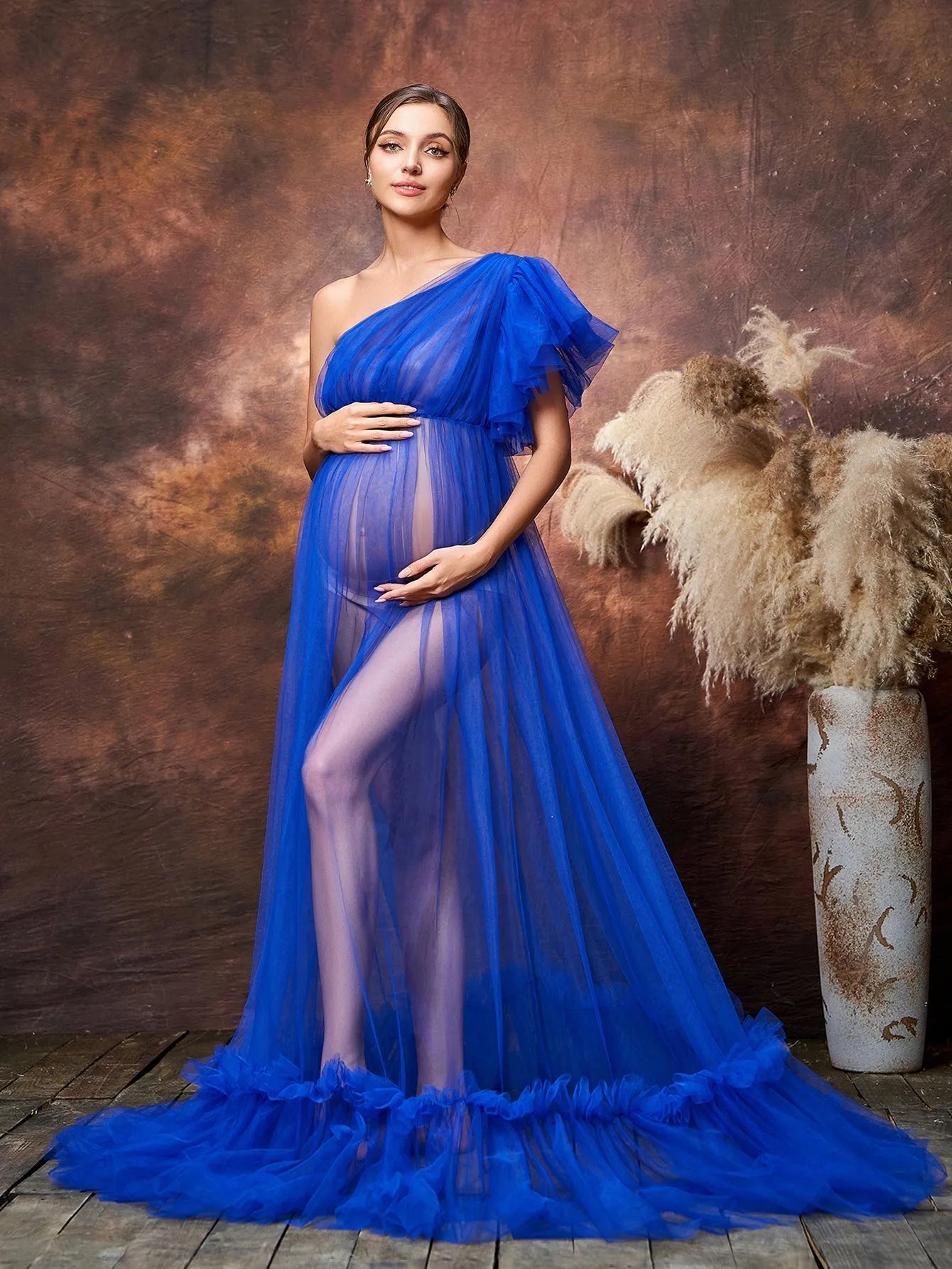 Maternity One Shoulder Sheer Mesh Photography Dress