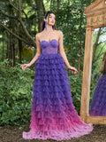 Gorgeous Lace Bodice Ombre Cascading Ruffle Hem Prom Tube Dress