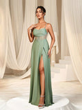 Elegant Solid Spaghetti Straps Split Thigh Bridesmaids Dress