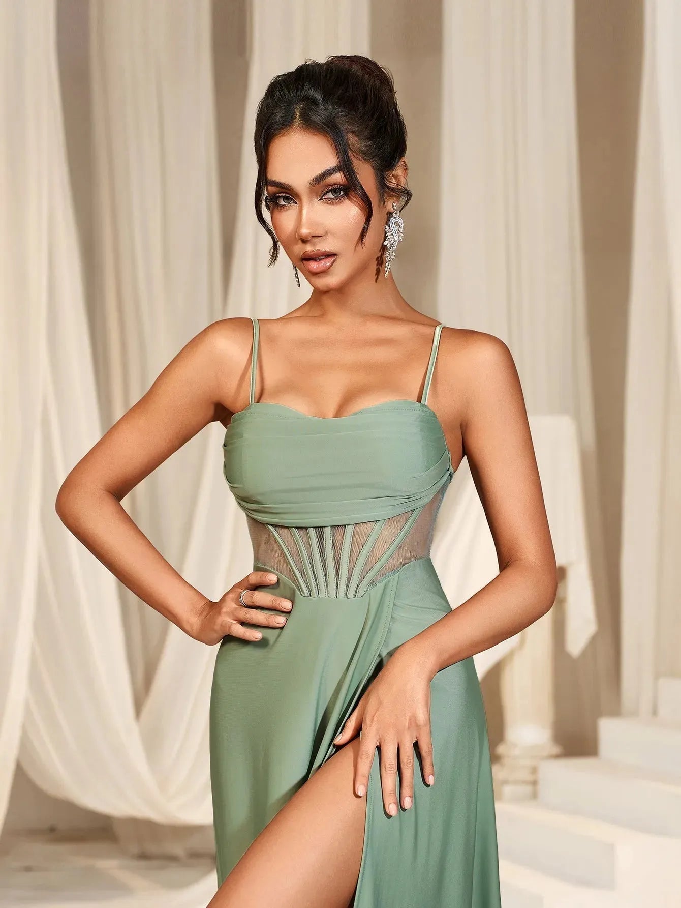 Elegant Solid Spaghetti Straps Split Thigh Bridesmaids Dress