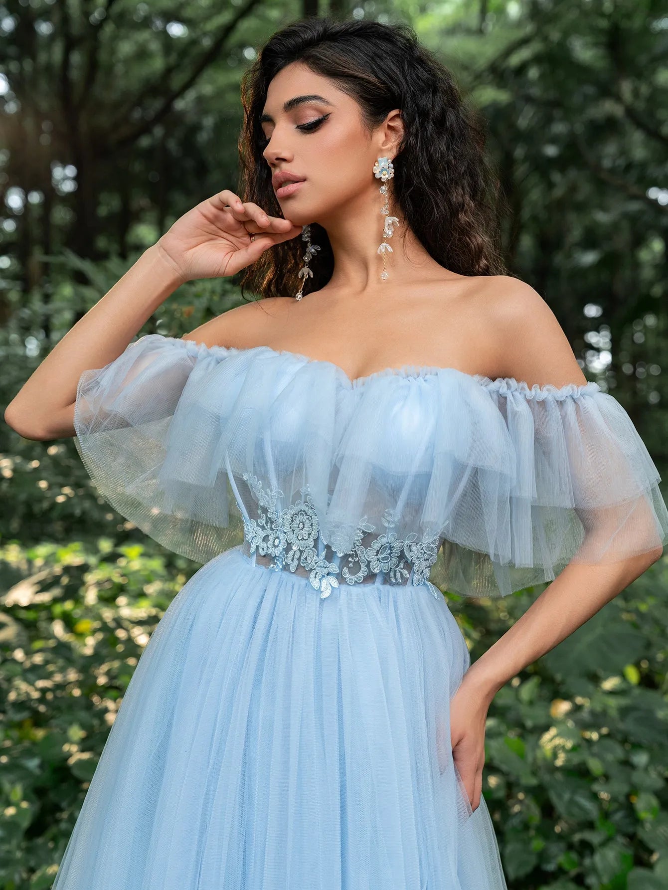 Off Shoulder Ruffle Trim Wedding Dress