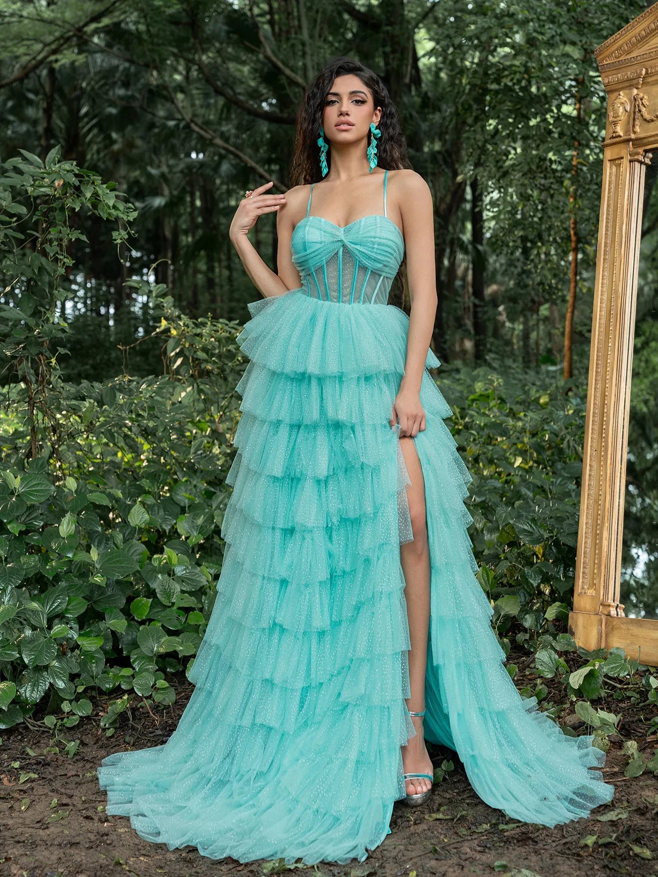 Gorgeous Corset Bodice Layered Hem Shiny Tulle Cami Prom Dress