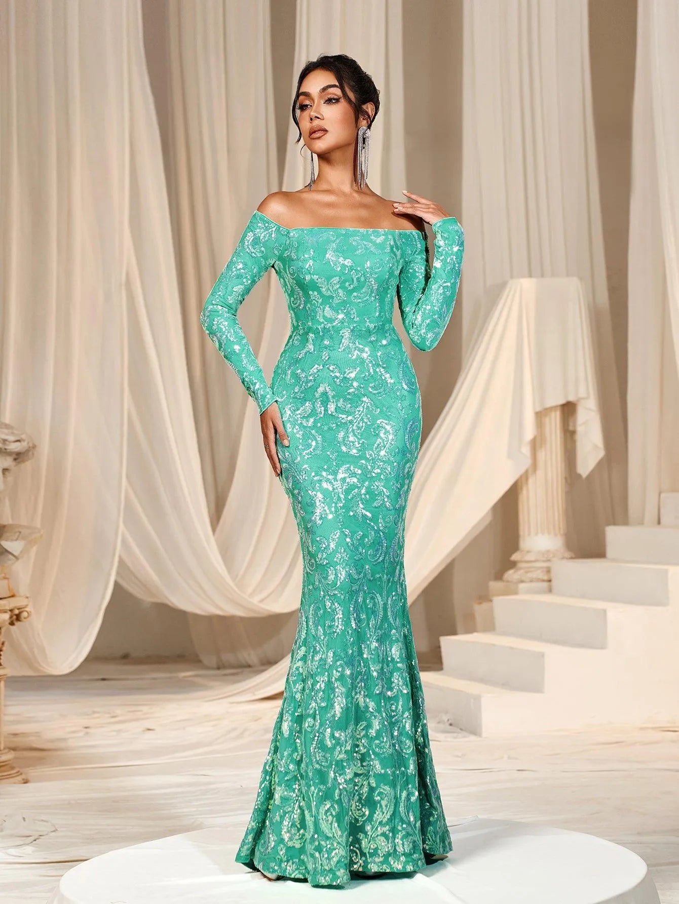 Off Shoulder Long Sleeve Mermaid Prom Dresses - Elonnashop