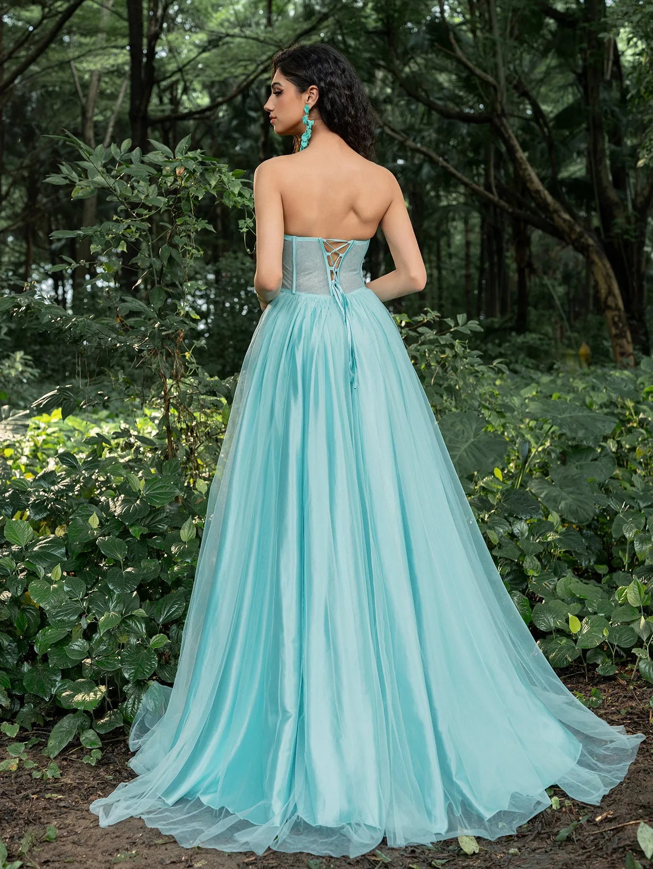 Elegant Strapless Applique Detail Beaded Sequin Bodice Split Tulle Prom Dress