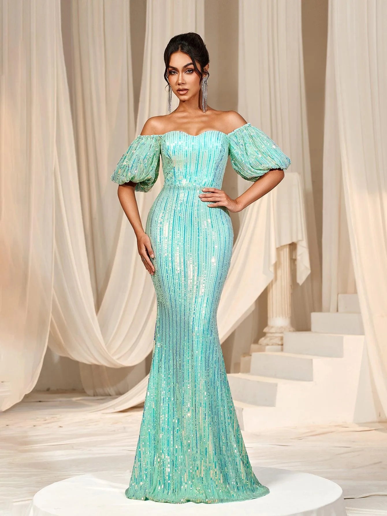 Elegant Off Shoulder Puff Sleeve Mermaid Prom Dresses - Elonnashop