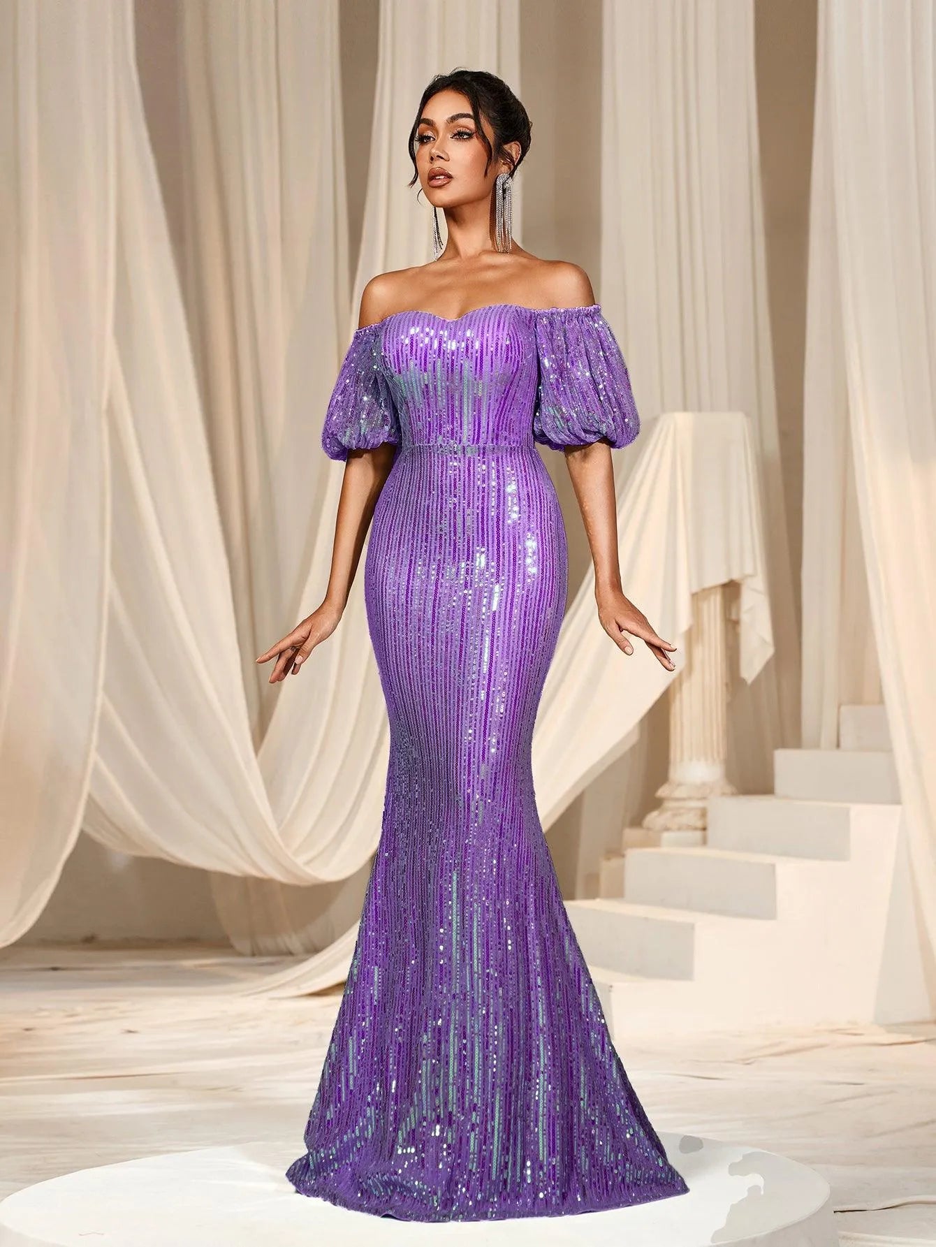 Elegant Off Shoulder Puff Sleeve Mermaid Prom Dresses - Elonnashop