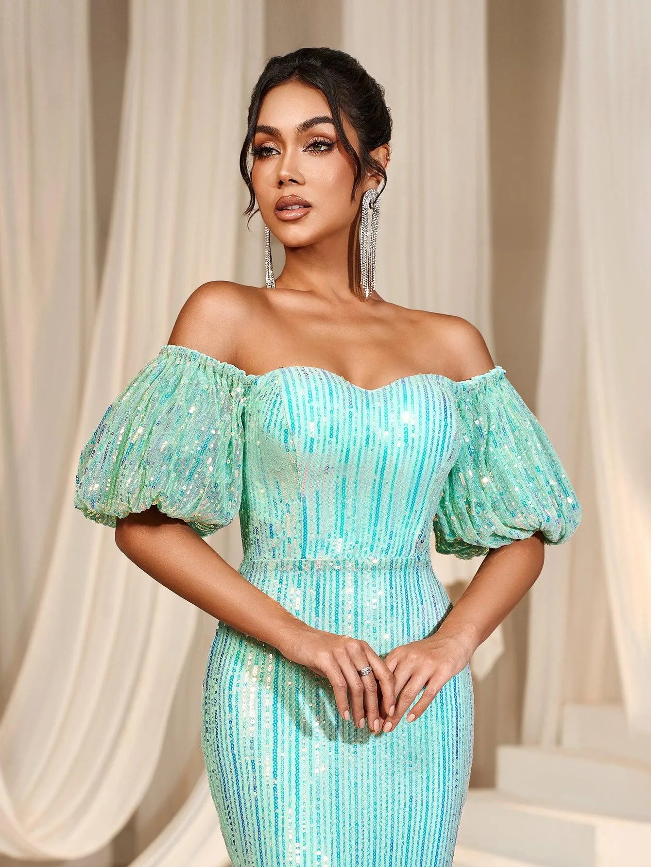 Elegant Off Shoulder Puff Sleeve Mermaid Prom Dresses - Elonnashop