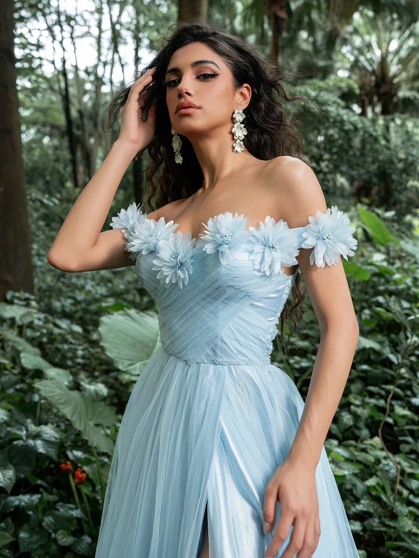 Elegant Floral Applique Trim Off Shoulder Split Thigh Tulle Prom Dress