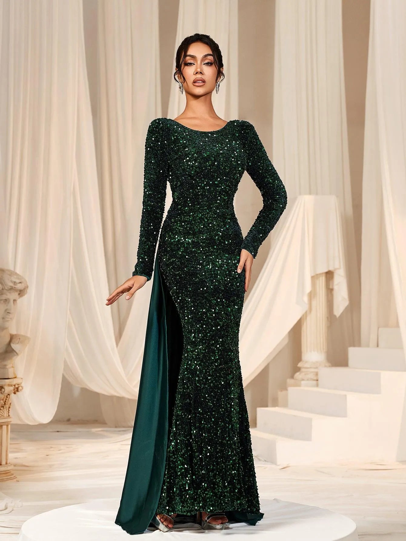 Round Neck Backless Mermaid Hem Sequin Prom Dress - Elonnashop