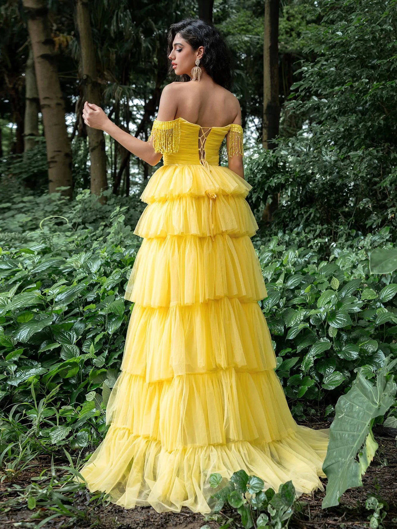 Gorgeous Fringed Detail Off Shoulder Layered Hem Tulle Prom Dress