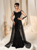 Elegant Sheer Sleeves Mesh Train Sequin Evening Dress