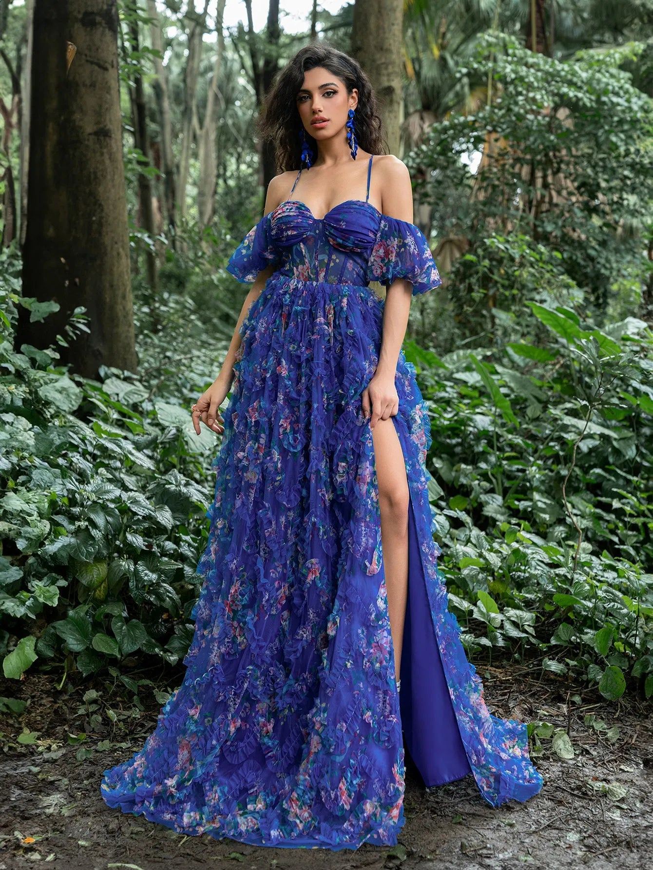 floral chiffon prom dress Long Blue and White Floral-Print Prom Dress with Beads White/Royal / 18