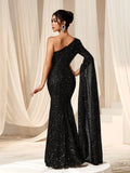 Elegant One Shoulder Long Sleeve Slit Sequin Dress - Elonnashop