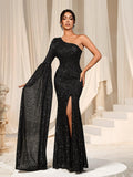 Elegant One Shoulder Long Sleeve Slit Sequin Dress - Elonnashop