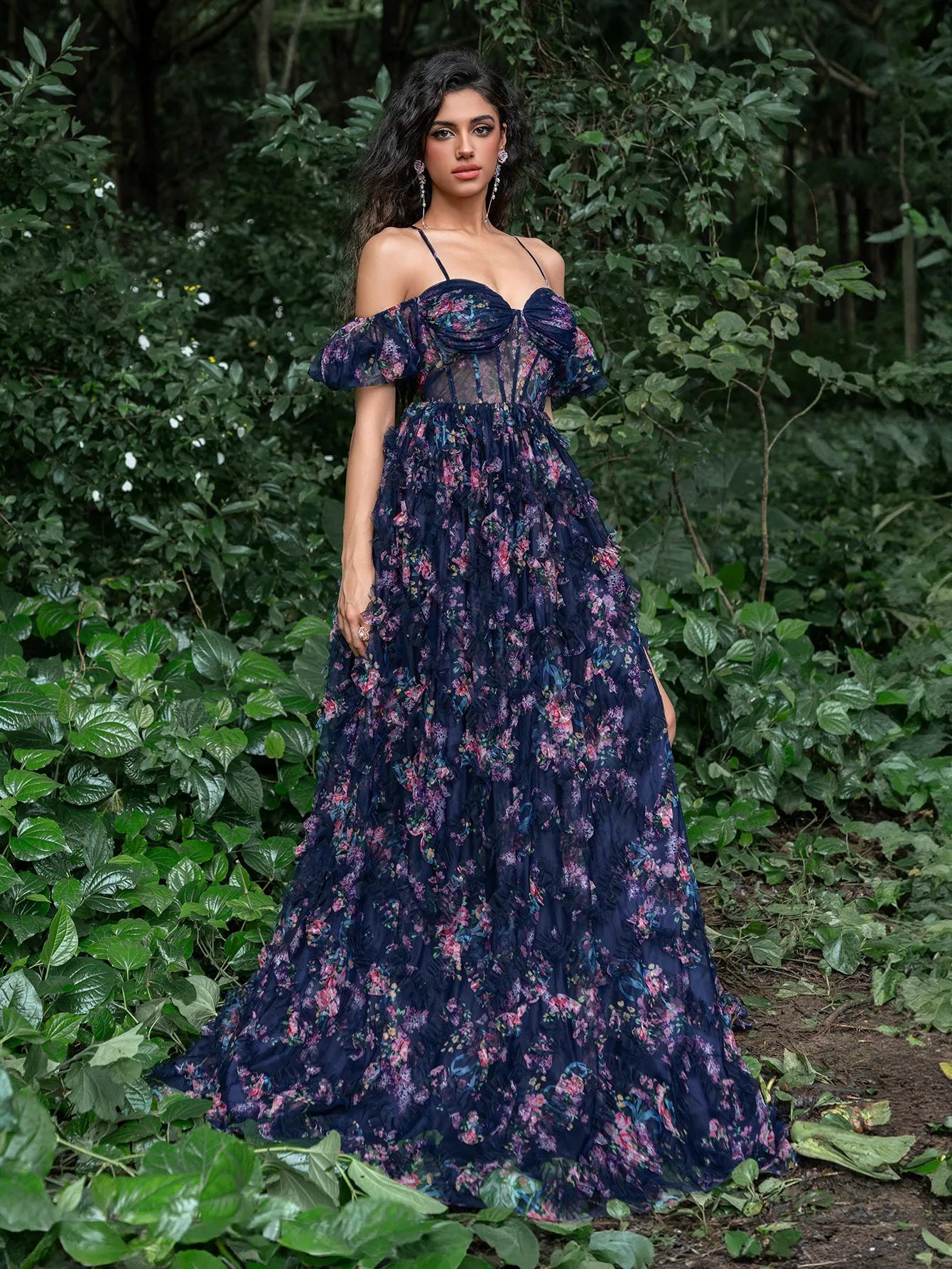 Floral Tulle Off Shoulder Cascading Ruffle Hem Slip Prom Dress Elonnashop Floral Tulle Off Shoulder Cascading Ruffle Hem Slip Prom Dress Elonnashop