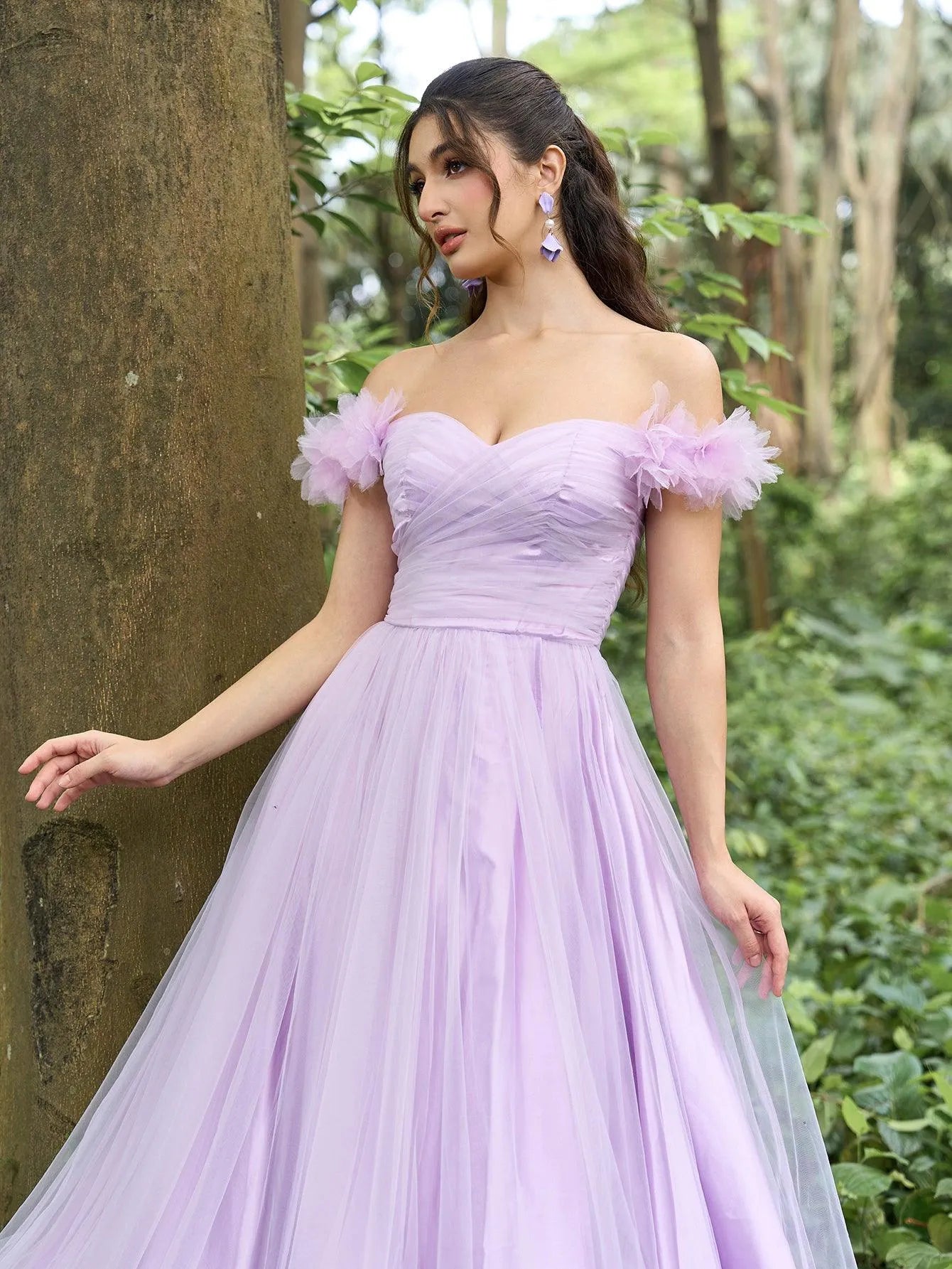 Elegant Off Shoulder Ruched Bust Split Thigh Tulle Prom Dress - Elonnashop