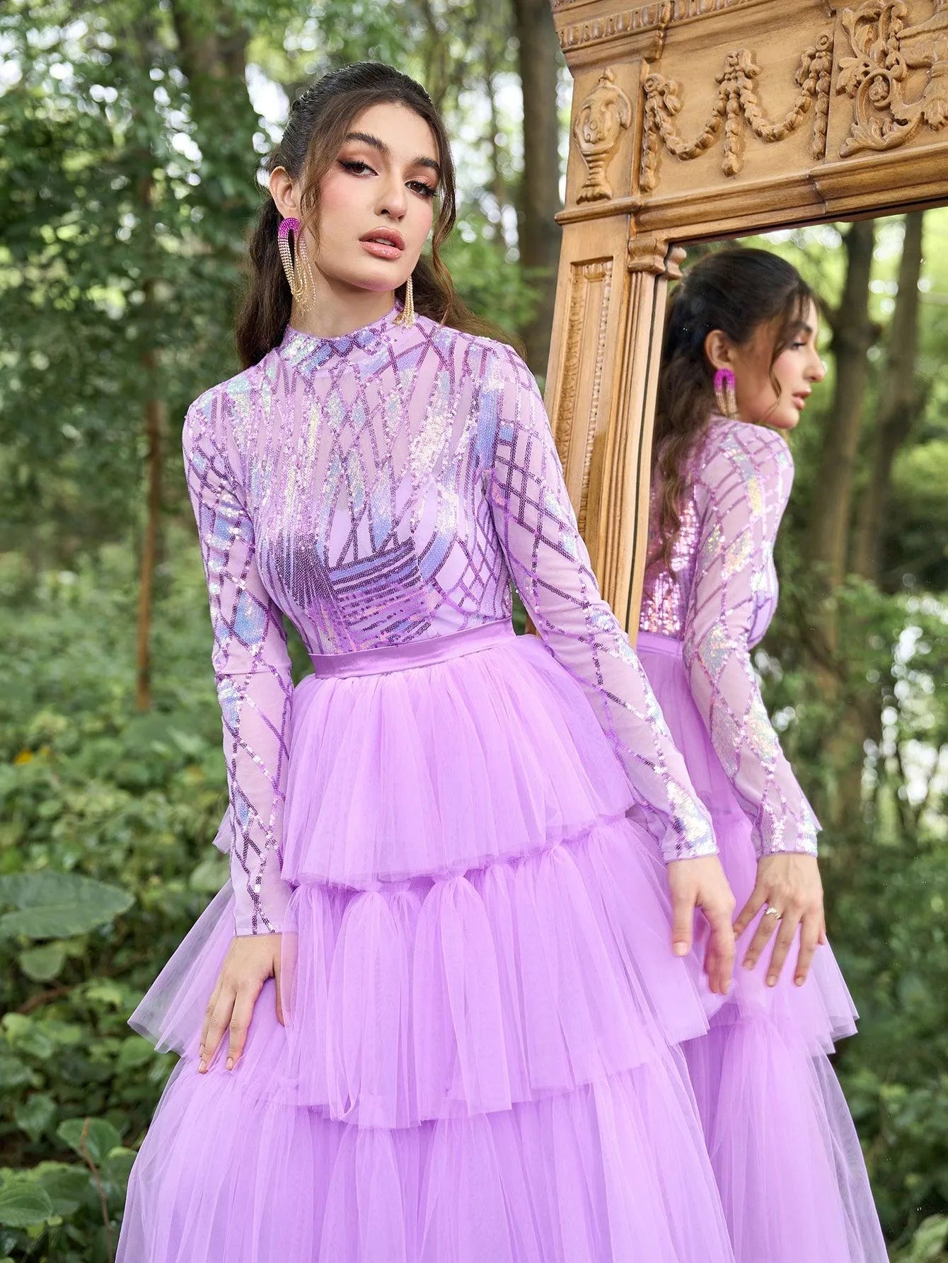 Gorgeous Mock Neck Graphic Sequin Bodice Cascading Ruffle Hem Prom Dress - Elonnashop