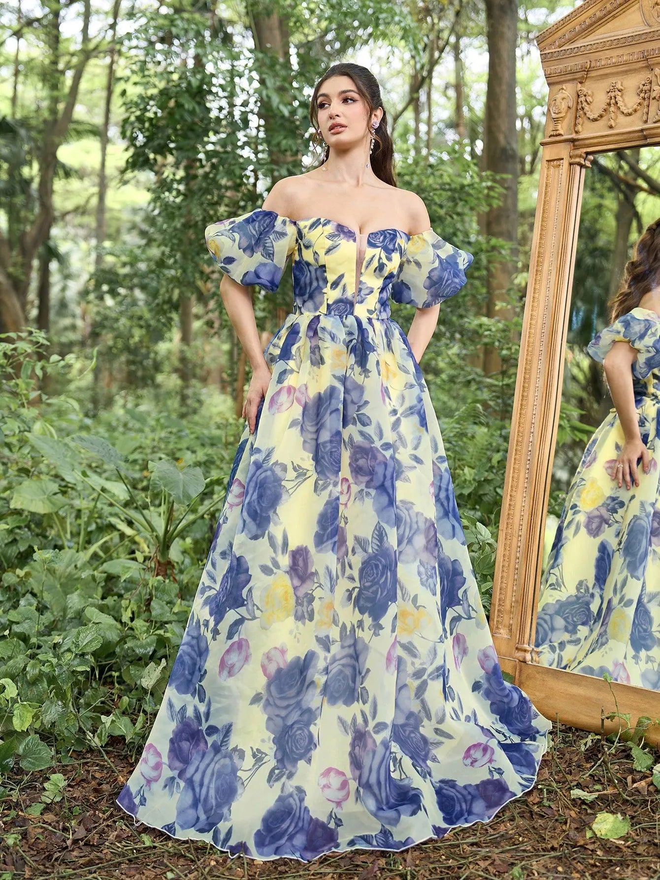 Elegant Floral Organza Off Shoulder Puff Sleeves Evening Dress Elonnashop Elegant Floral Organza Off Shoulder Puff Sleeves Evening Dress Elonnashop