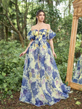 Elegant Floral Organza Off Shoulder Puff Sleeves Evening Dress - Elonnashop