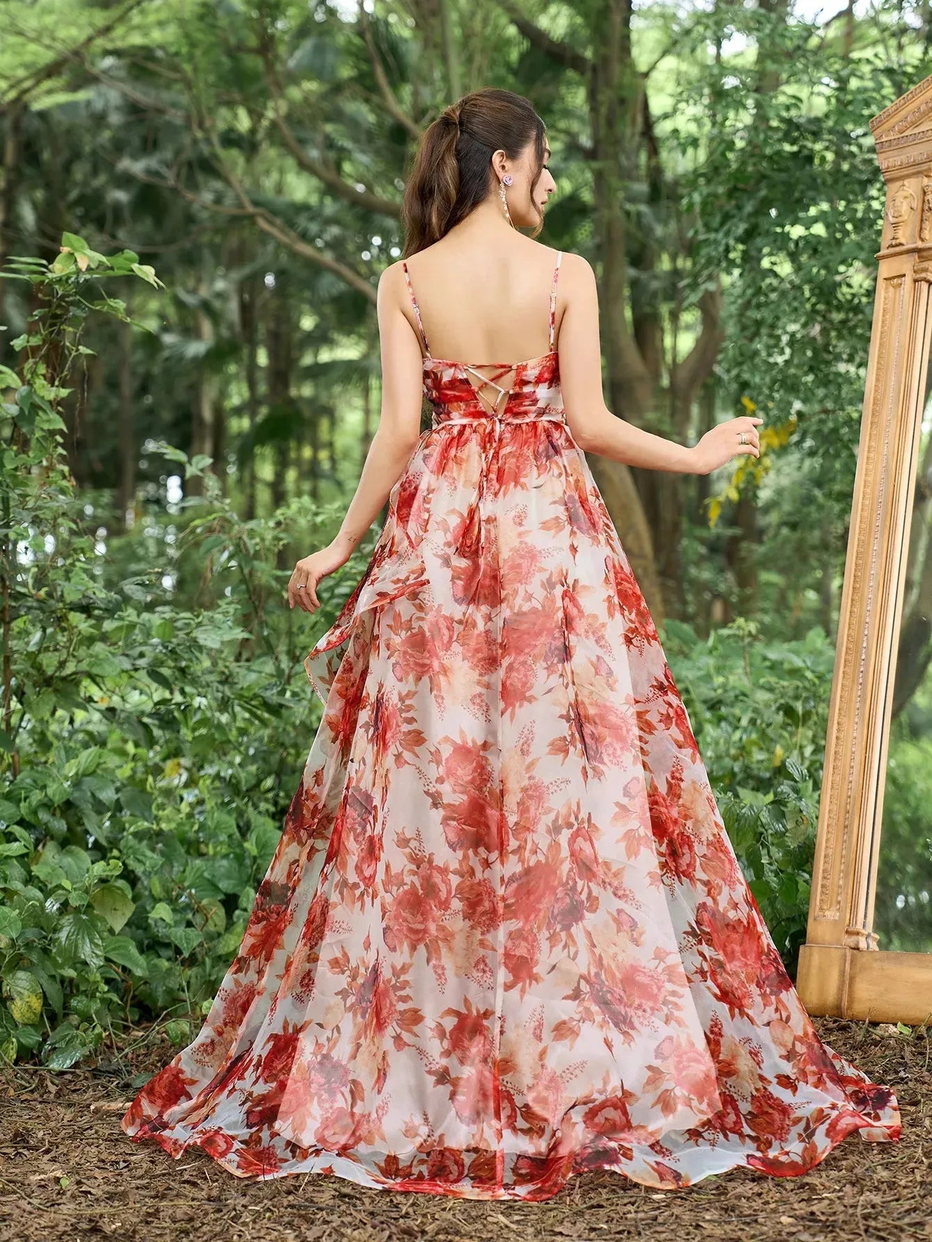 Elegant Backless Floral Printed Slip Prom Dress