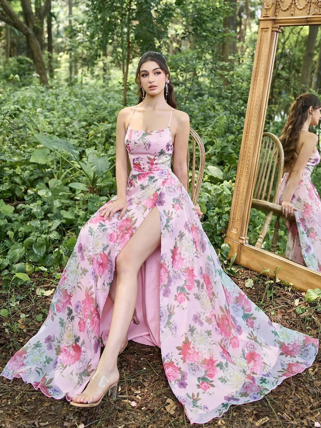 Elegant Lace Up Backless Floral Printed Organza Slip Prom Dress