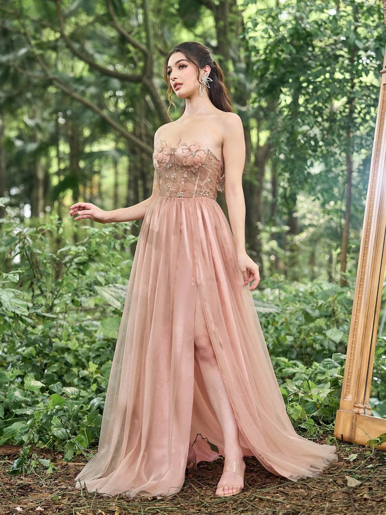 Gorgeous Strapless Applique Detail Bustier Split Tulle Prom Dress - Elonnashop