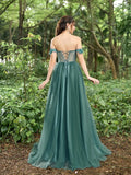 Gorgeous Off Shoulder Applique Detail Bodice Tulle Prom Dress