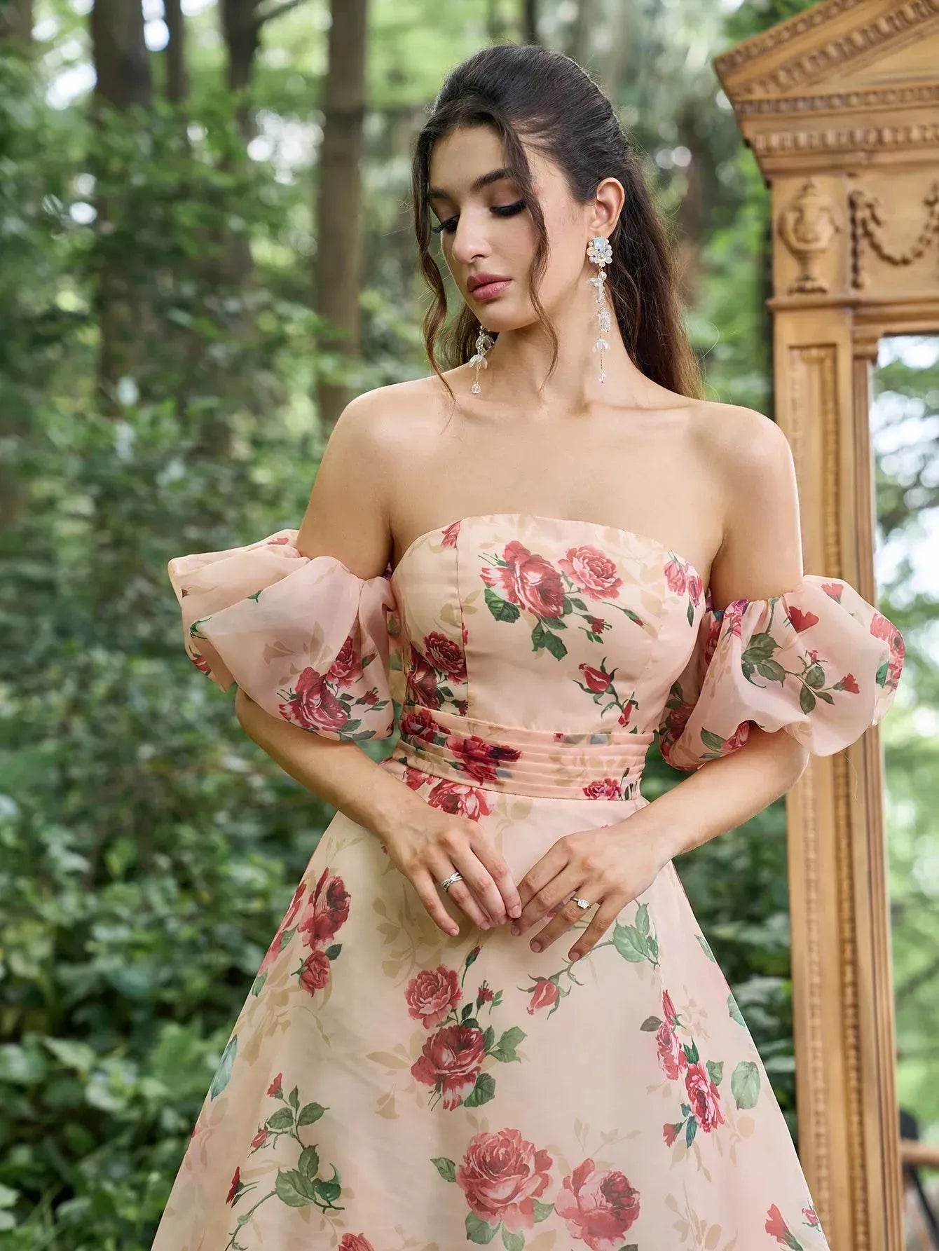 Gorgeous Off Shoulder Puff Sleeves Floral Printed Organza Prom Dress