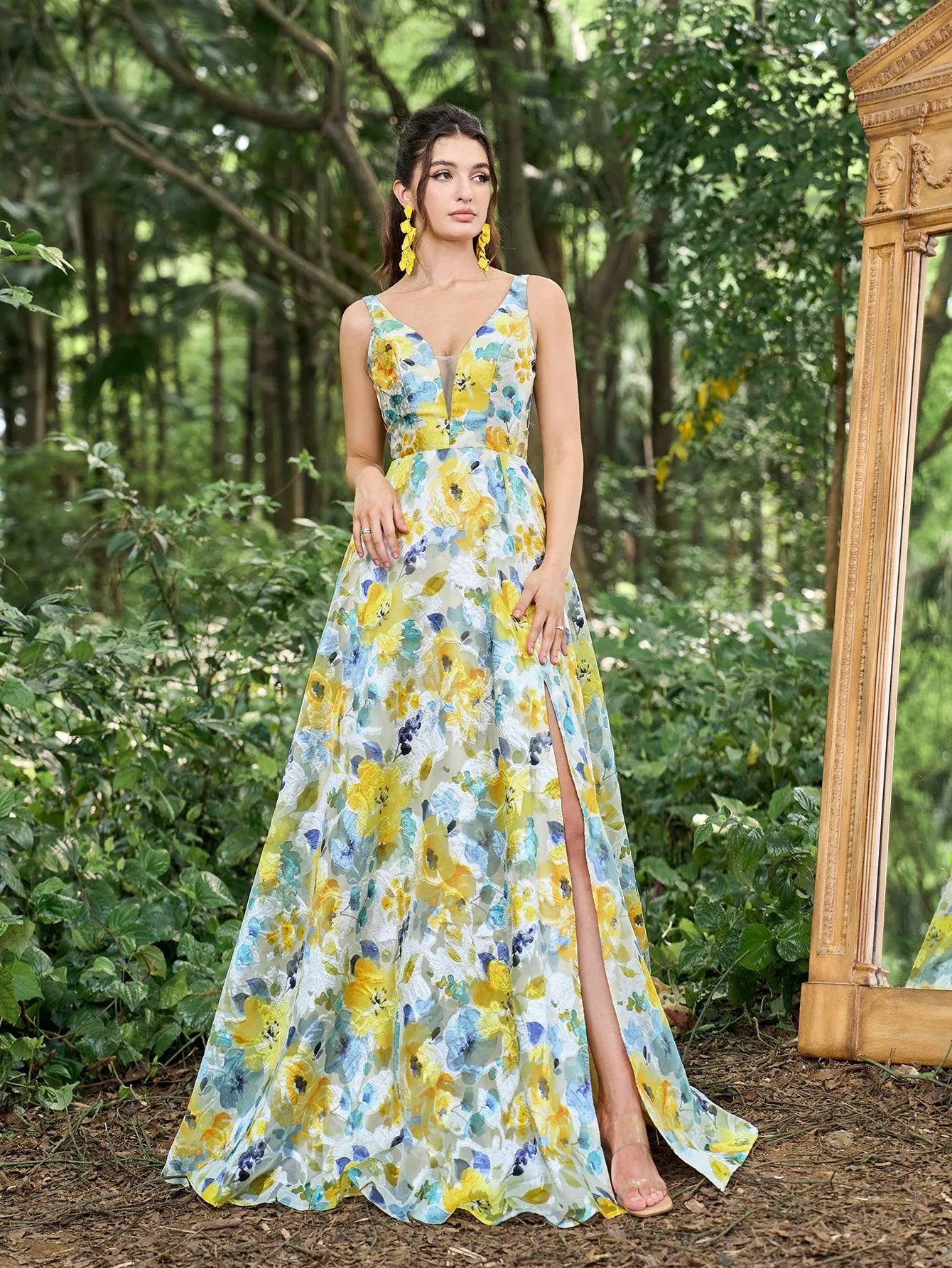 Elegant Plunging Neck Backless Floral Jacquard Split Prom Dress - Elonnashop