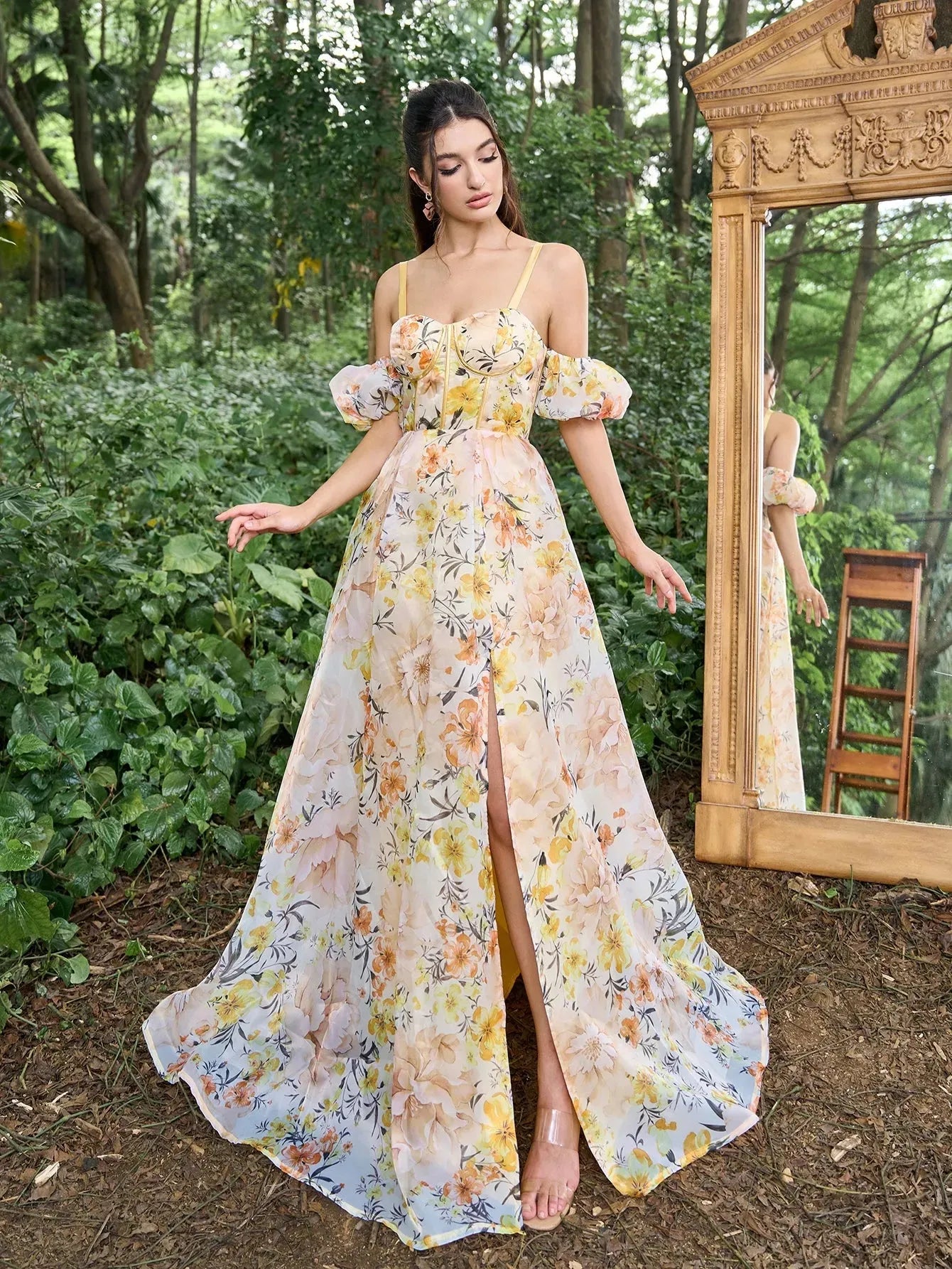 Elegant Off Shoulder Puff Sleeves Floral Printed Organza Slip Prom Dress