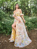 Elegant Off Shoulder Puff Sleeves Floral Printed Organza Slip Prom Dress