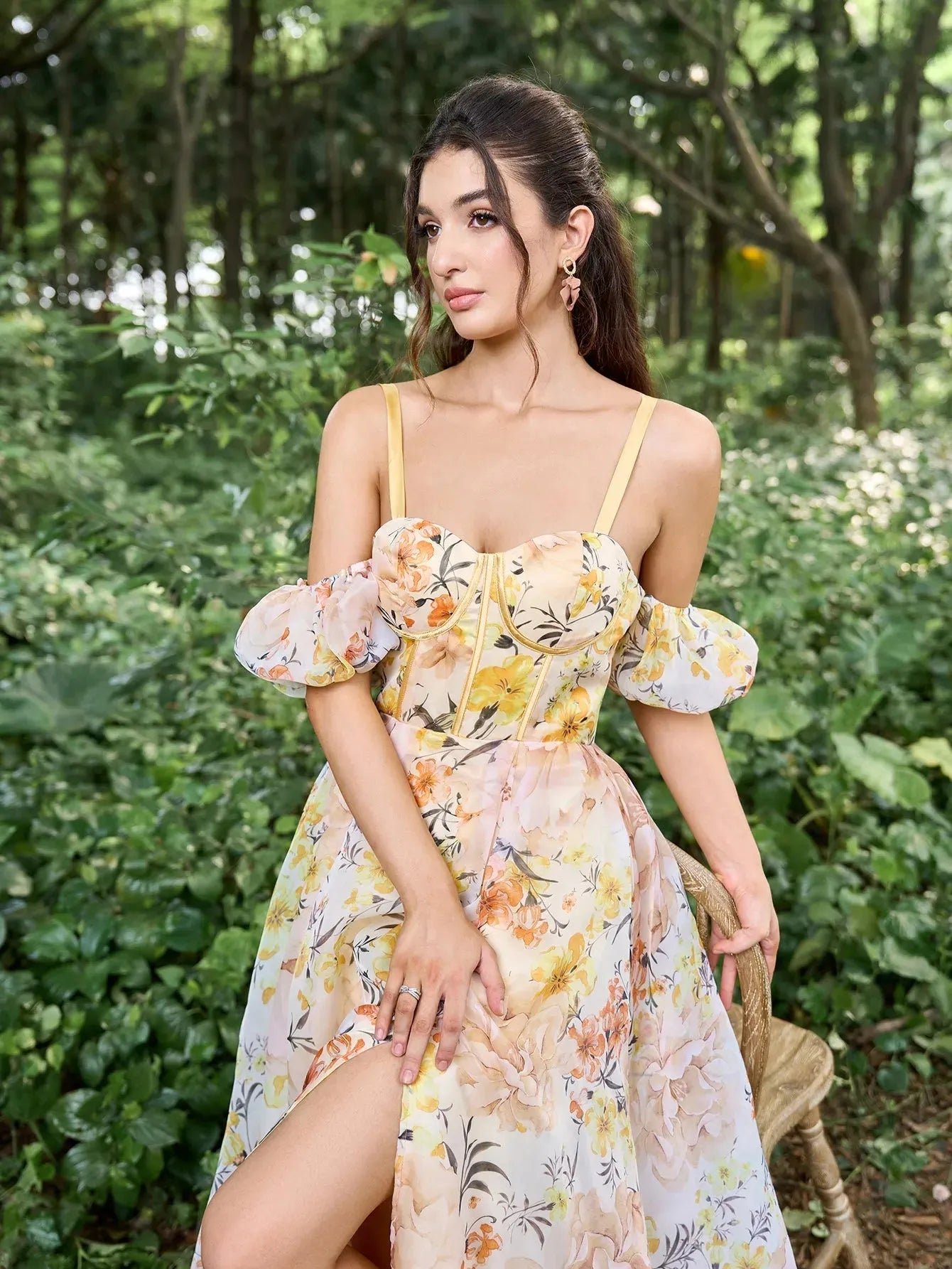 organza slip dress Elegant Off Shoulder Puff Sleeves Floral Printed Organza Slip Prom Dr – Elonnashop