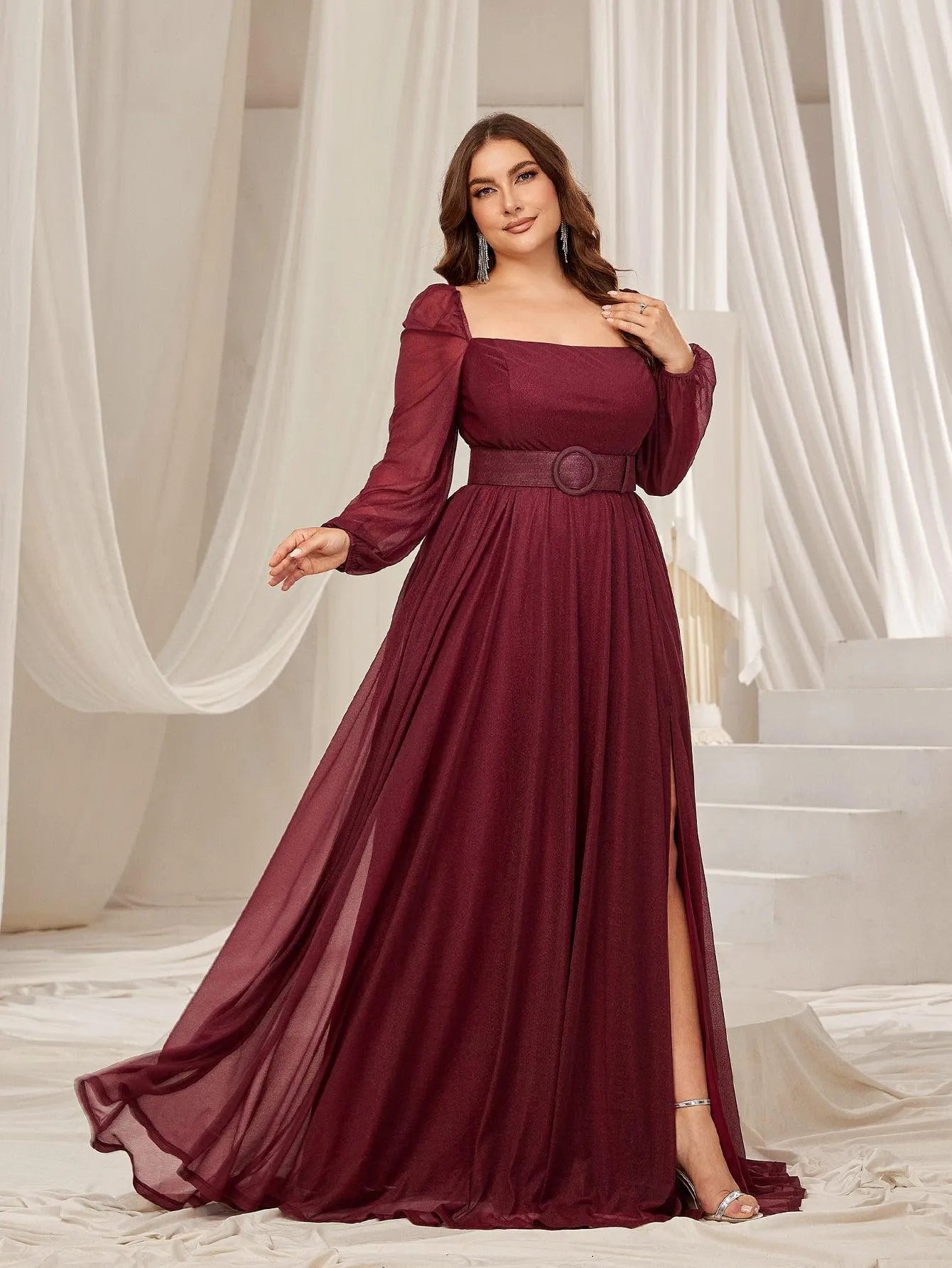 Plus Square Neck Lantern Sleeves Split Thigh Evening Dress - Elonnashop