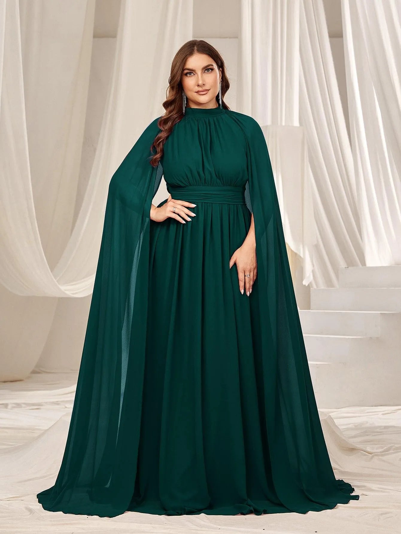 Plus Mock Neck Cloak Sleeves Chiffon Formal Cape Dress Dark Green 2XL