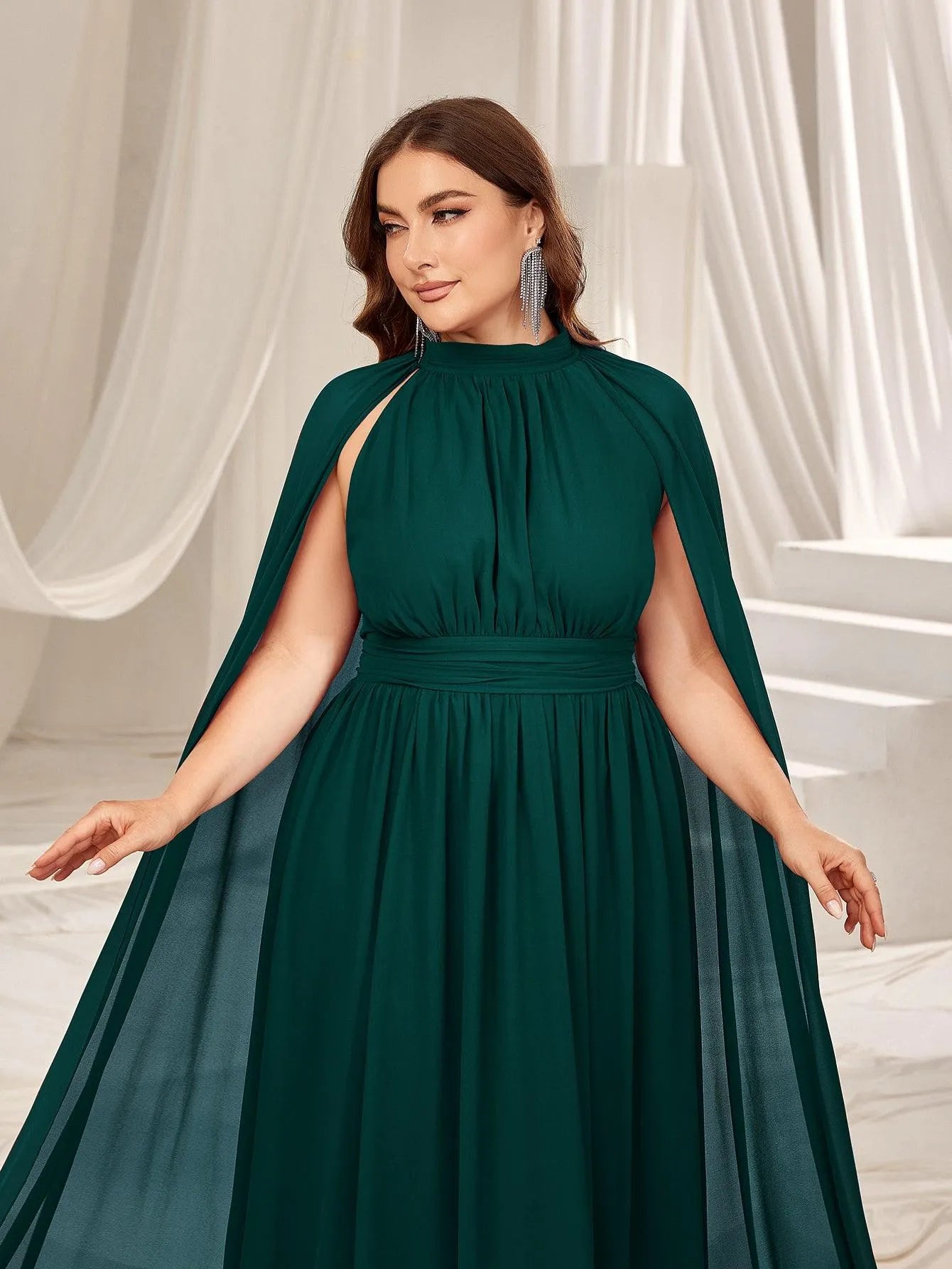 Plus Mock Neck Cloak Sleeves Chiffon Formal Cape Dress Champagne / 1XL Plus Mock Neck Cloak Sleeves Chiffon Formal Cape Dress Champagne / 1XL